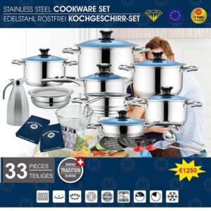 33pcs cookware set steel stainless cooking fry pan and casserole